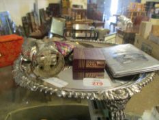 SILVER PLATED ON COPPER SALVER, SET OF THREE SILVER PLATED NAPKIN RINGS, RONSON LIGHTER ETC