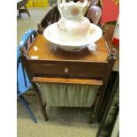 19TH CENTURY MAHOGANY WORK OR SEWING TABLE WITH ACORN TURNED FINIALS WITH SINGLE DRAWER WITH PULL
