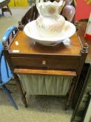 19TH CENTURY MAHOGANY WORK OR SEWING TABLE WITH ACORN TURNED FINIALS WITH SINGLE DRAWER WITH PULL