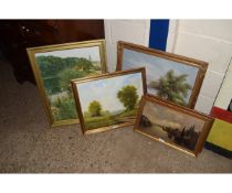 MODERN OIL PAINTING AND FOUR VARIOUS COLOURED PRINTS