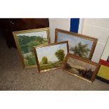 MODERN OIL PAINTING AND FOUR VARIOUS COLOURED PRINTS