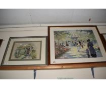 C HARDING GOUACHE COTTAGE ENTRANCE AND A FURTHER COLOURED PRINT DEPICTING A VINTAGE PARK SCENE