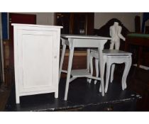 PAINTED BEDSIDE CABINET, OCCASIONAL TABLE AND NEST OF TWO TABLES