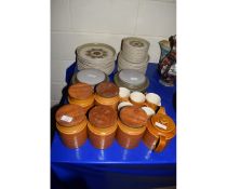 HORNSEA POTTERY STORAGE JARS, TEA POT AND DENBY "SHERWOOD" PLATES ETC