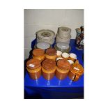 HORNSEA POTTERY STORAGE JARS, TEA POT AND DENBY "SHERWOOD" PLATES ETC