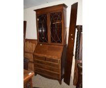 EDWARDIAN MAHOGANY BUREAU BOOKCASE WITH TWO ASTRAGAL GLAZED DOORS OVER DROP FRONT WITH TWO DRAWERS