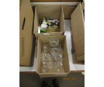 TWO BOXES OF MIXED GLASS WARES, KITCHEN WARES ETC