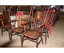 SET OF FOUR OAK/ELM STICK BACK KITCHEN ELBOW CHAIRS