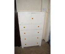 WHITE PAINTED PLYWOOD TALLBOY WITH CUPBOARD OVER FOUR DRAWERS