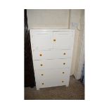 WHITE PAINTED PLYWOOD TALLBOY WITH CUPBOARD OVER FOUR DRAWERS
