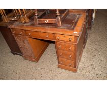 REPRODUCTION OAK TWIN PEDESTAL DESK WITH GILT TOOLED INSET