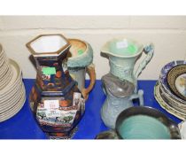 MODERN ORIENTAL HEXAGONAL VASE, AN ARTHUR WOOD FLORAL VASE, A BURLEIGH WARE THE VILLAGE BLACKSMITH