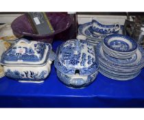 VARIOUS WILLOW PATTERN AND OTHER BLUE AND WHITE ENGLISH CHINA WARES INCLUDING SOUP TUREENS, GRAVY