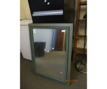 GREEN FRAMED RECTANGULAR WALL MIRROR WITH BEVELLED GLASS