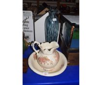 MODERN JUG AND BOWL AND MOTTLED GLASS VASE