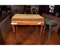 GOOD QUALITY VICTORIAN MAHOGANY FRAMED FOOT STOOL WITH RING TURNED LEGS WITH YELLOW VELVET