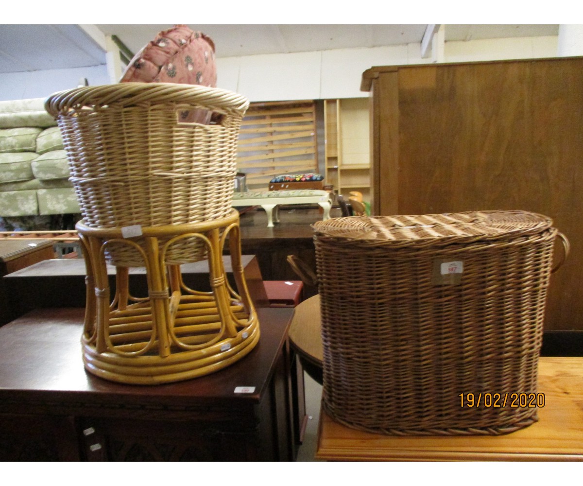 BASKET WORK LINEN BOX AND CONTENTS, TWO FURTHER BASKET WORK STOOLS