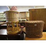 BASKET WORK LINEN BOX AND CONTENTS, TWO FURTHER BASKET WORK STOOLS