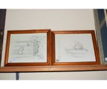 TWO REPRODUCTIONS OF PENCIL SKETCHES DEPICTING SCENES OF WINNIE THE POOH