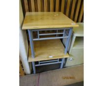 PAIR OF PINE SIDE TABLES WITH STEEL SUPPORTS