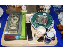 TRAY VARIOUS BOXED PLATED CUTLERY, GREEN MAJOLICA PLATES, CHARACTER JUGS ETC