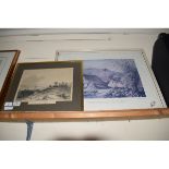 WHITE FRAMED PRINT, AND A VICTORIAN ETCHING "THE AVON AND SEVERN FROM PENHOLE POINT"