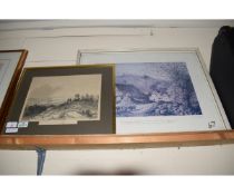 WHITE FRAMED PRINT, AND A VICTORIAN ETCHING "THE AVON AND SEVERN FROM PENHOLE POINT"