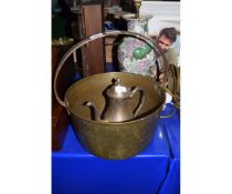 BRASS PANCHEON WITH CAST METAL HANDLE AND PLATED COFFEE POT
