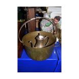 BRASS PANCHEON WITH CAST METAL HANDLE AND PLATED COFFEE POT