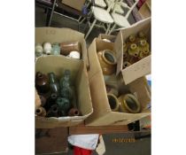 FOUR BOXES VARIOUS STONEWARE AND GLASS VINTAGE CONTAINERS AND BOTTLES ETC