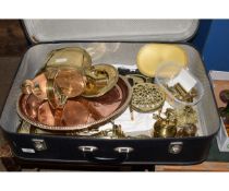 SUITCASE CONTAINING VARIOUS BRASS, COPPER AND METAL WARES