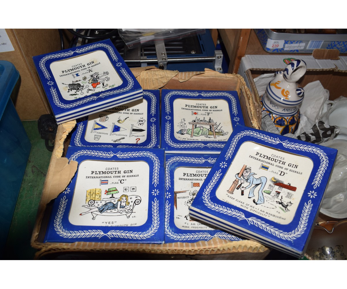 BOX OF VARIOUS ADVERTISING ASHTRAYS FOR COATES PLYMOUTH GIN