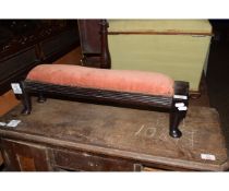 MAHOGANY FRAMED RECTANGULAR SMALL PROPORTIONED FOOT STOOL RAISED ON FOUR PAD FEET WITH PUCE CUSHION