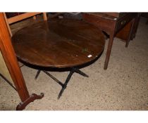 MAHOGANY CIRCULAR FOLD TOP TABLE ON EBONISED X-FRAME SUPPORT