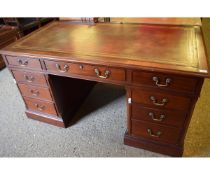 REPRODUCTION MAHOGANY TWIN PEDESTAL DESK WITH GILT TOOLED INSET