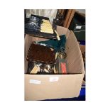BOX OF VARIOUS SILVER PLATED CUTLERY, TOAST RACK, CASED SETS ETC