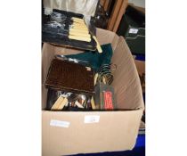 BOX OF VARIOUS SILVER PLATED CUTLERY, TOAST RACK, CASED SETS ETC