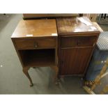 TEAK FRAMED BEDSIDE CUPBOARD WITH SINGLE DRAWER OVER A CUPBOARD DOOR AND A WALNUT EXAMPLE WITH