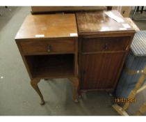 TEAK FRAMED BEDSIDE CUPBOARD WITH SINGLE DRAWER OVER A CUPBOARD DOOR AND A WALNUT EXAMPLE WITH