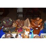 VARIOUS CARVED WOODEN ITEMS, ELEPHANT, CASH TIN, FRUIT BOWLS ETC