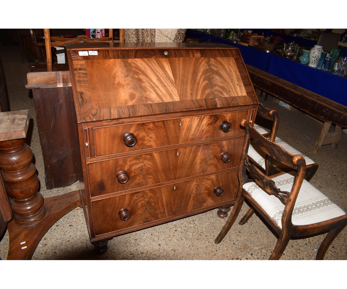 MAHOGANY AND ROSEWOOD BANDED THREE FULL WIDTH DRAWER BUREAU WITH DROP FRONT