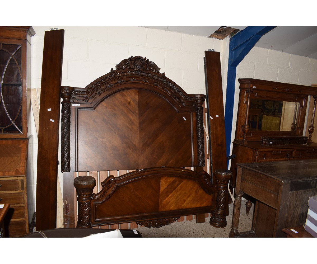 GOOD QUALITY STAINED BEECHWOOD FRAMED DOUBLE BED WITH HEAVILY CARVED SHELL TOP AND SWAG DECORATION