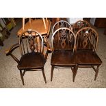 SET OF FIVE DARK FINISH ERCOL STICK BACK DINING CHAIRS COMPRISING FOUR SINGLES AND A CARVER