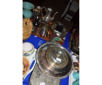 VARIOUS SILVER PLATED WARES INCLUDING SALVER, TRAY, FURTHER TRAY WITH COFFEE POT, TOAST RACK ETC