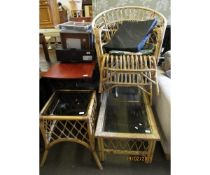 PAIR OF CANE ARMCHAIRS AND FURTHER GLASS TOPPED COFFEE TABLE AND OCCASIONAL TABLE (4)