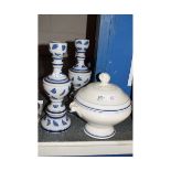 TWO CANDLESTICKS AND A TUREEN