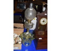 VICTORIAN OIL LAMP AND FURTHER GREEN RIMMED SHADE