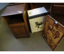 BASKET WORK LINEN BOX AND AN OAK BEDSIDE CABINET