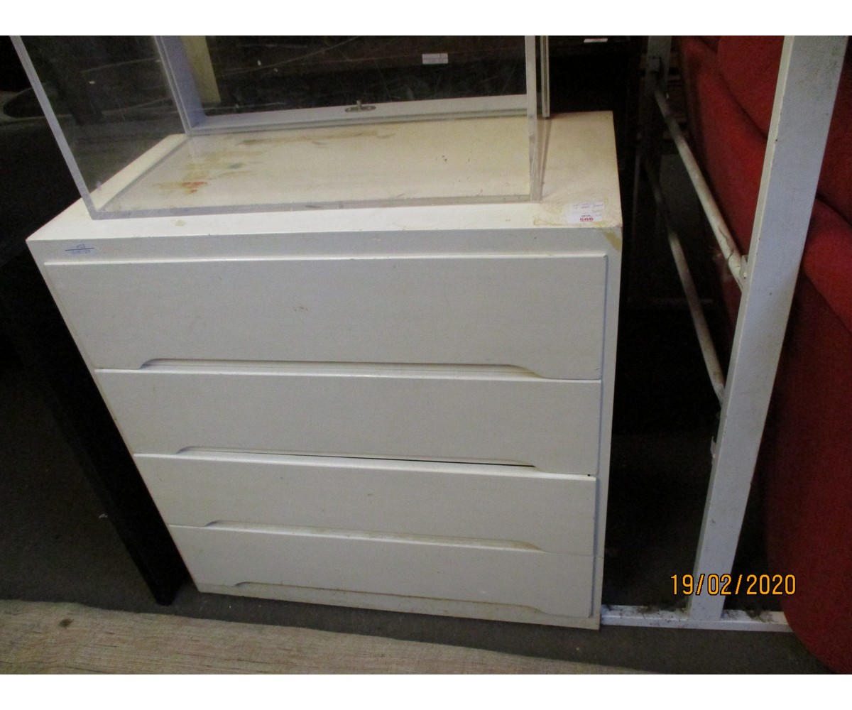 TWO WHITE PAINTED FOUR DRAWER MODERN CHESTS AND FURTHER SIMILAR WHITE PAINTED FIVE DRAWER CHEST