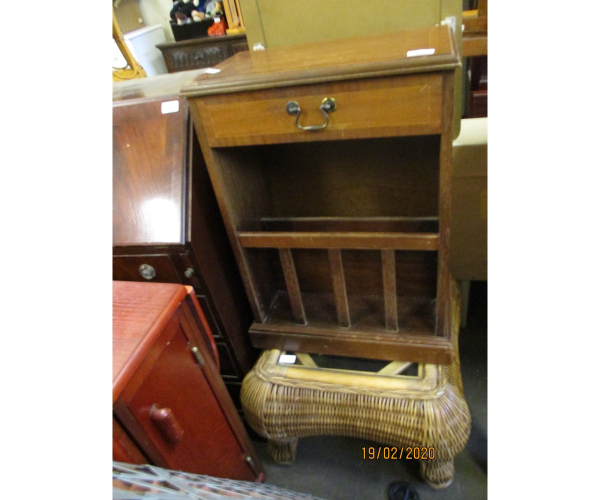 REPRODUCTION SIDE CABINET/MAGAZINE RACK AND GLAZED TOP CANE OCCASIONAL TABLE